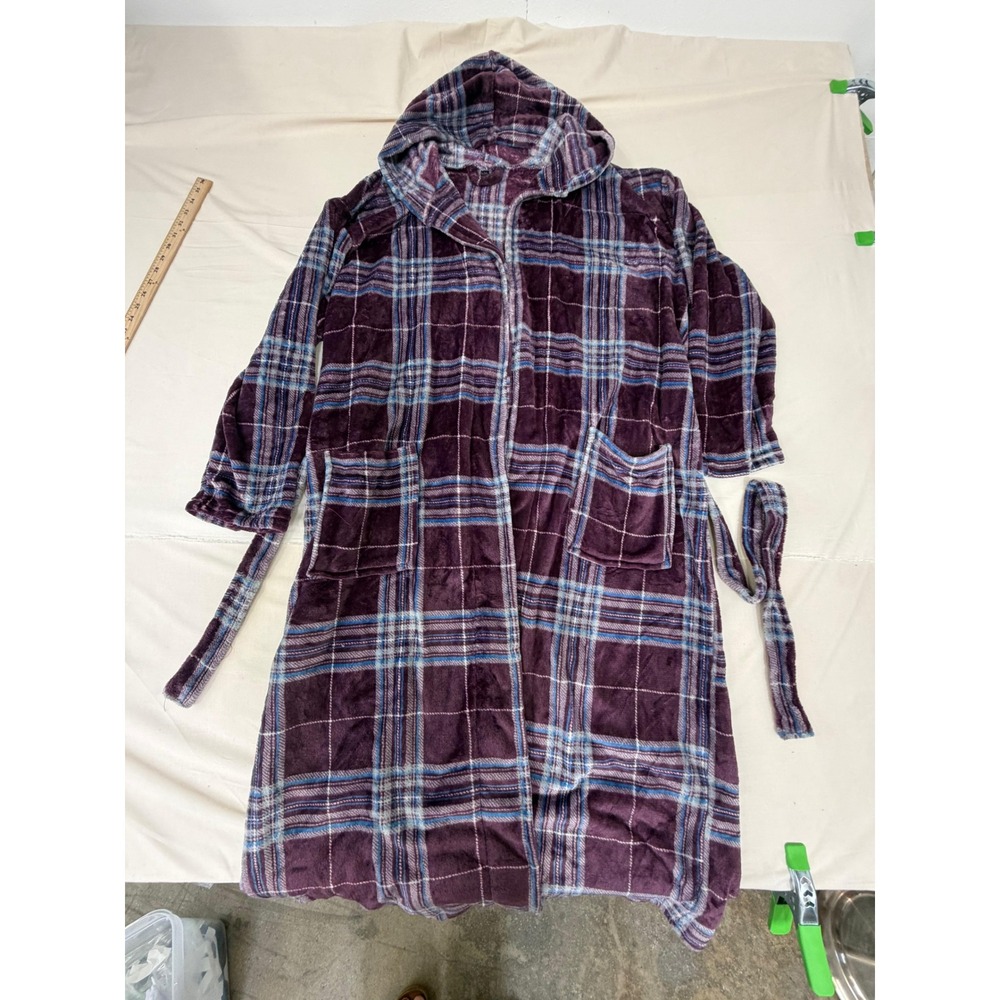 Purple Plaid Hooded Fleece Bathrobe Womens‎ L/XL Long Sleeve Soft Plush Robe